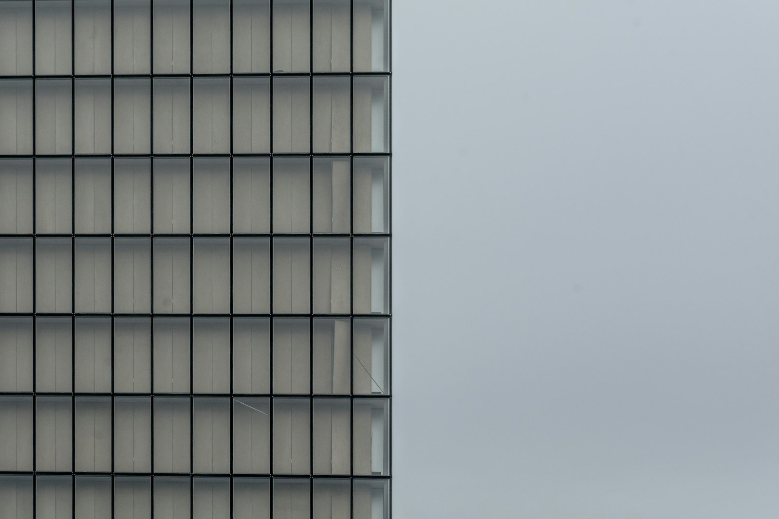 A wide panoramic view of a white concrete building facade under overcast sky, clean geometric lines and high negative space.