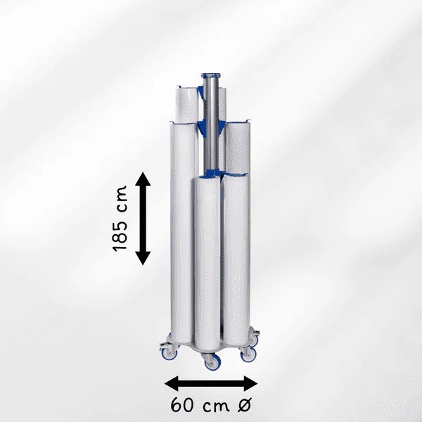 Storage rack showing how to store printable vinyl rolls vertically to preserve print quality. 
