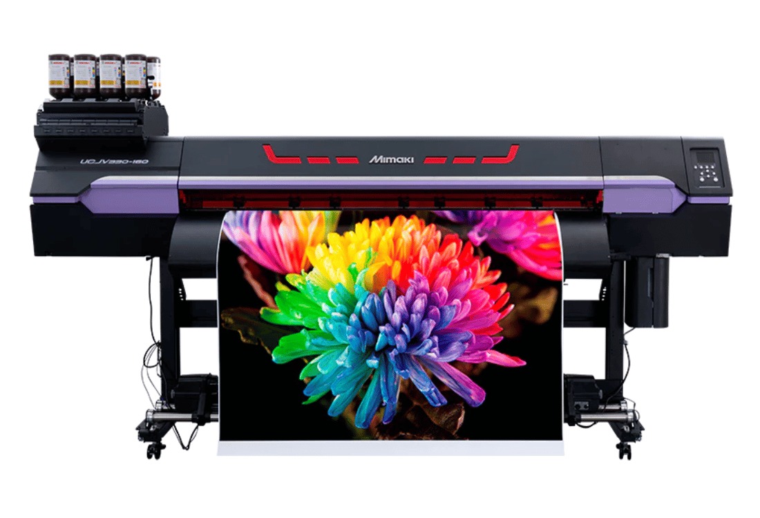 Mimaki wide-format inkjet printer producing a vibrant full-colour graphic print. 