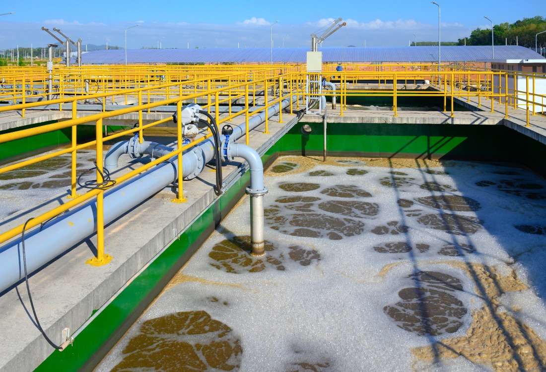 A water treatment site where water purification is taking place with the use of static mixers.