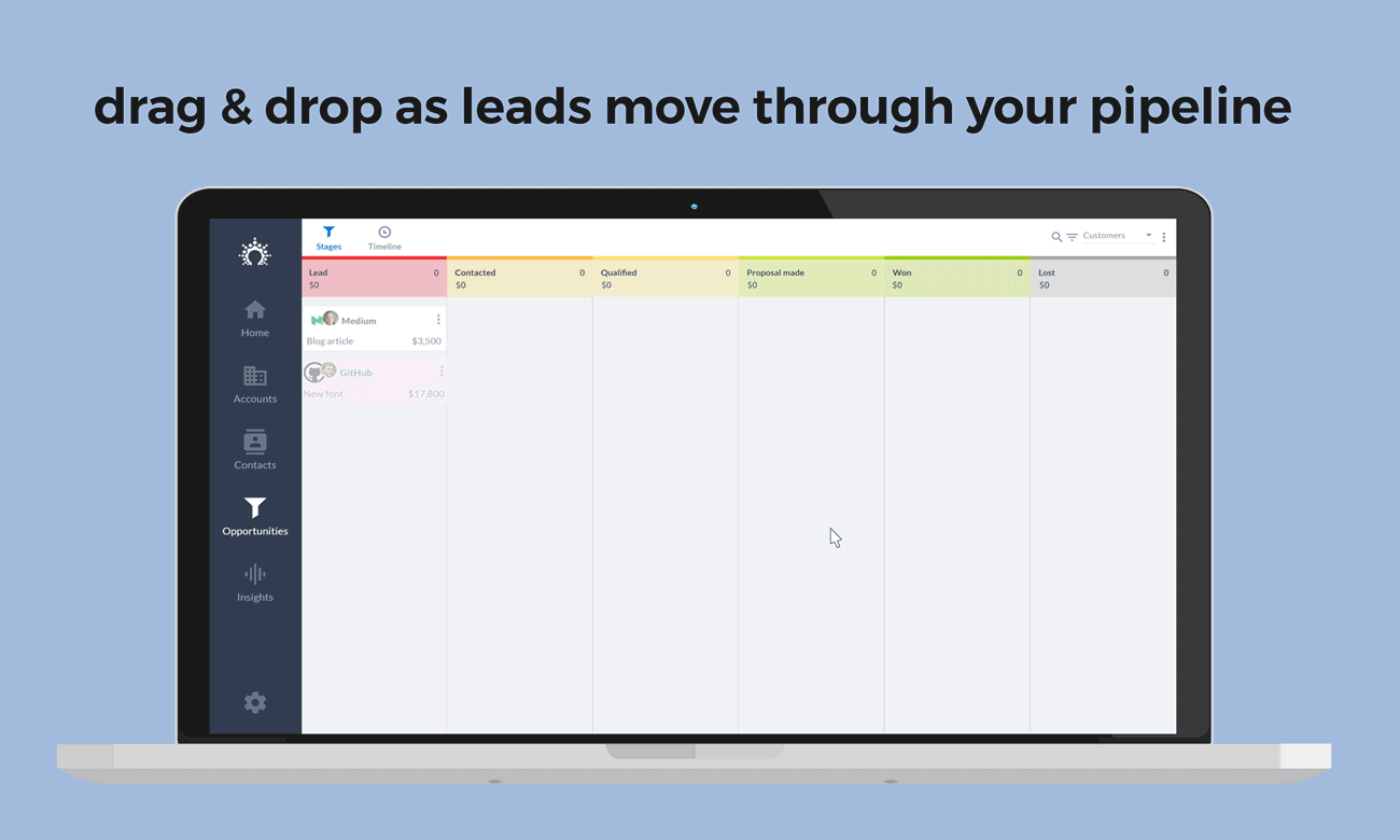 arraste e solte conforme os leads passam por seu pipeline na salesflare