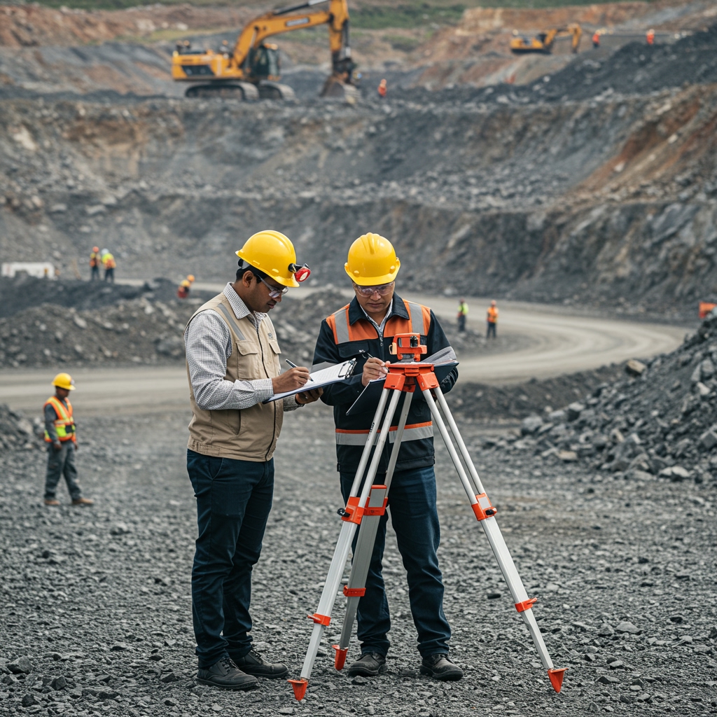 Two mining engineers surveying the mining site for dust suppression systems. 