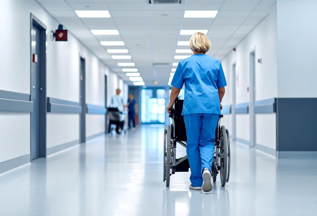 Nurse pushing a wheelchair down a clean, well-lit hospital corridor with smooth flooring.
