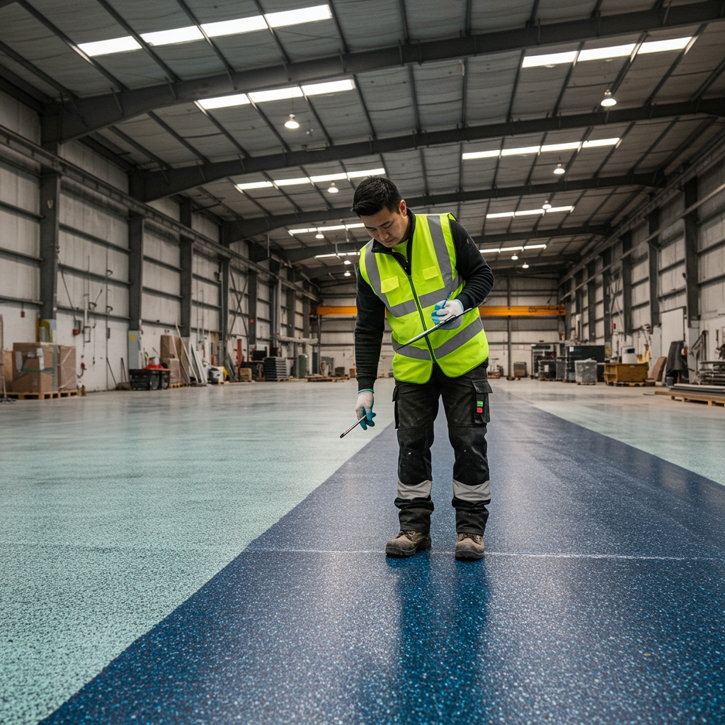 Resin floor contractor inspecting a food safe epxy resin of a warehouse.
