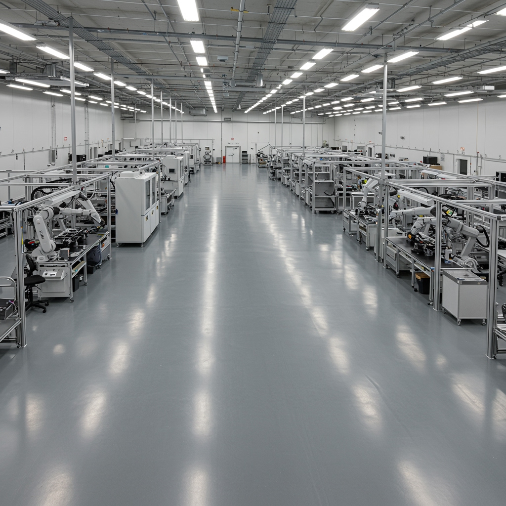 Electronics manufacturing facility with clean, conductive flooring designed for electrostatic discharge control.