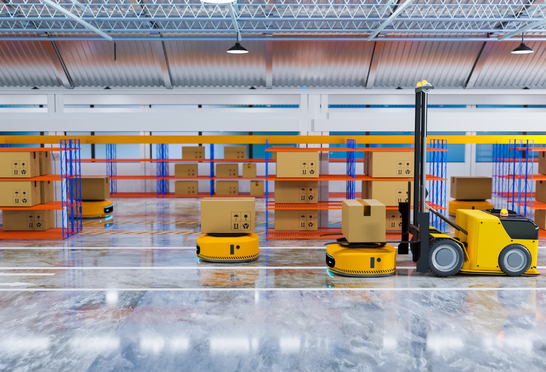 Industrial facility with brightly colored resin floor demarcation lines improving workflow, safety, and organization.