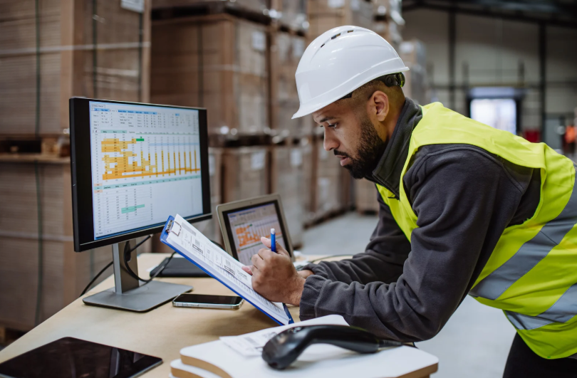Warehouse worker reviewing package tracking data on a computer while holding a clipboard.