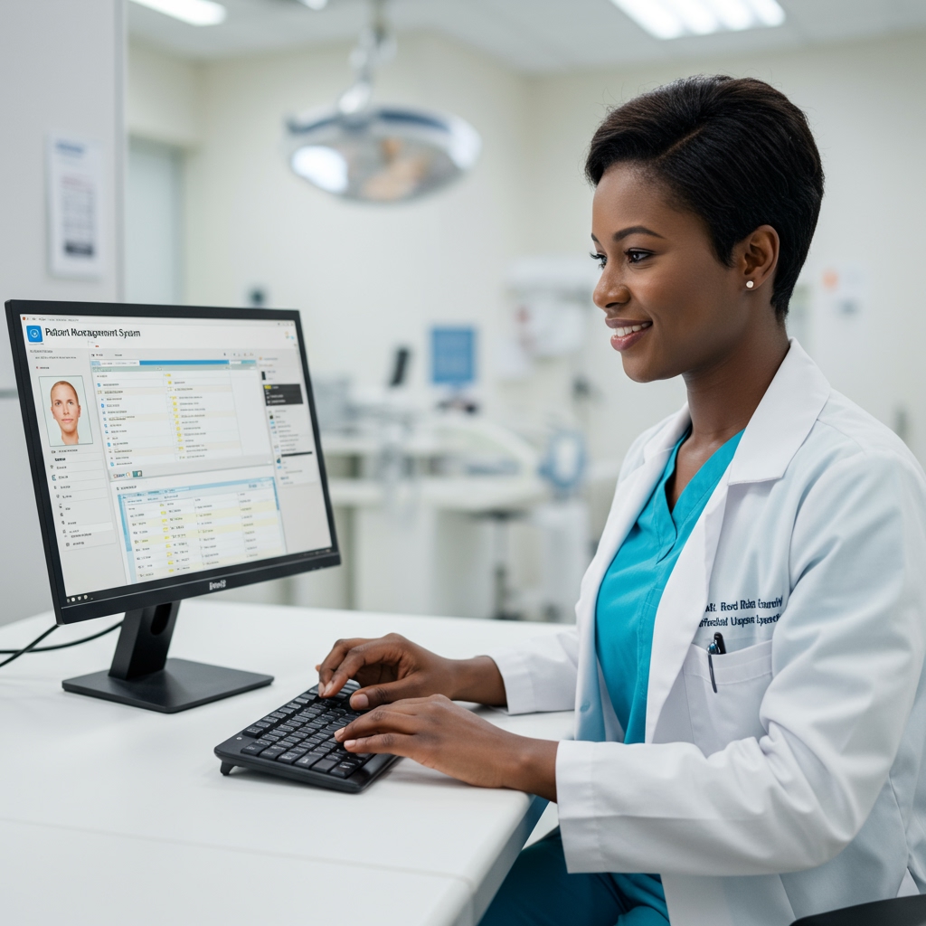 A healthcare professional using a patient record management system on a computer to manage and access electronic health records in a medical office.