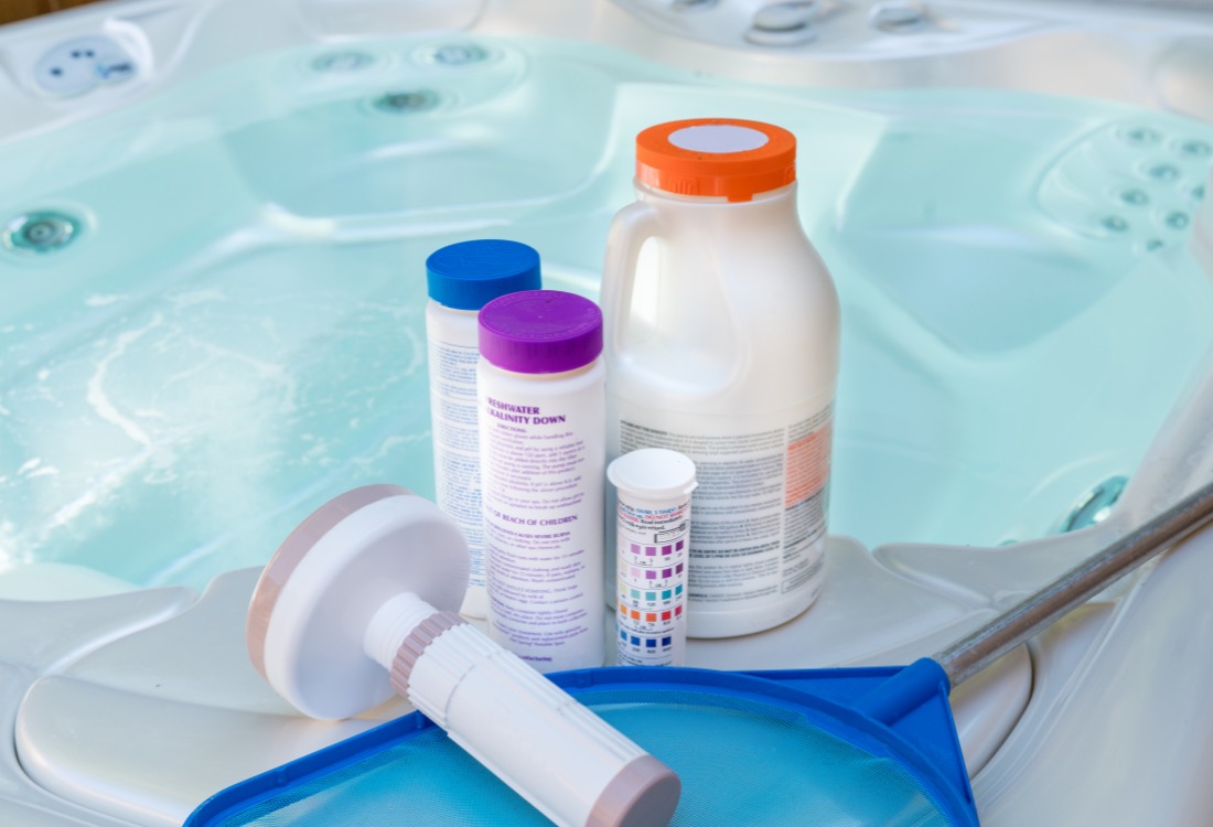 Pool and hot tub chemicals with different pH and chlorine levels. 