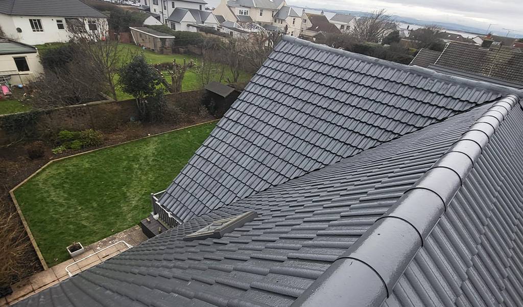 Close-up of a refurbished residential roof.