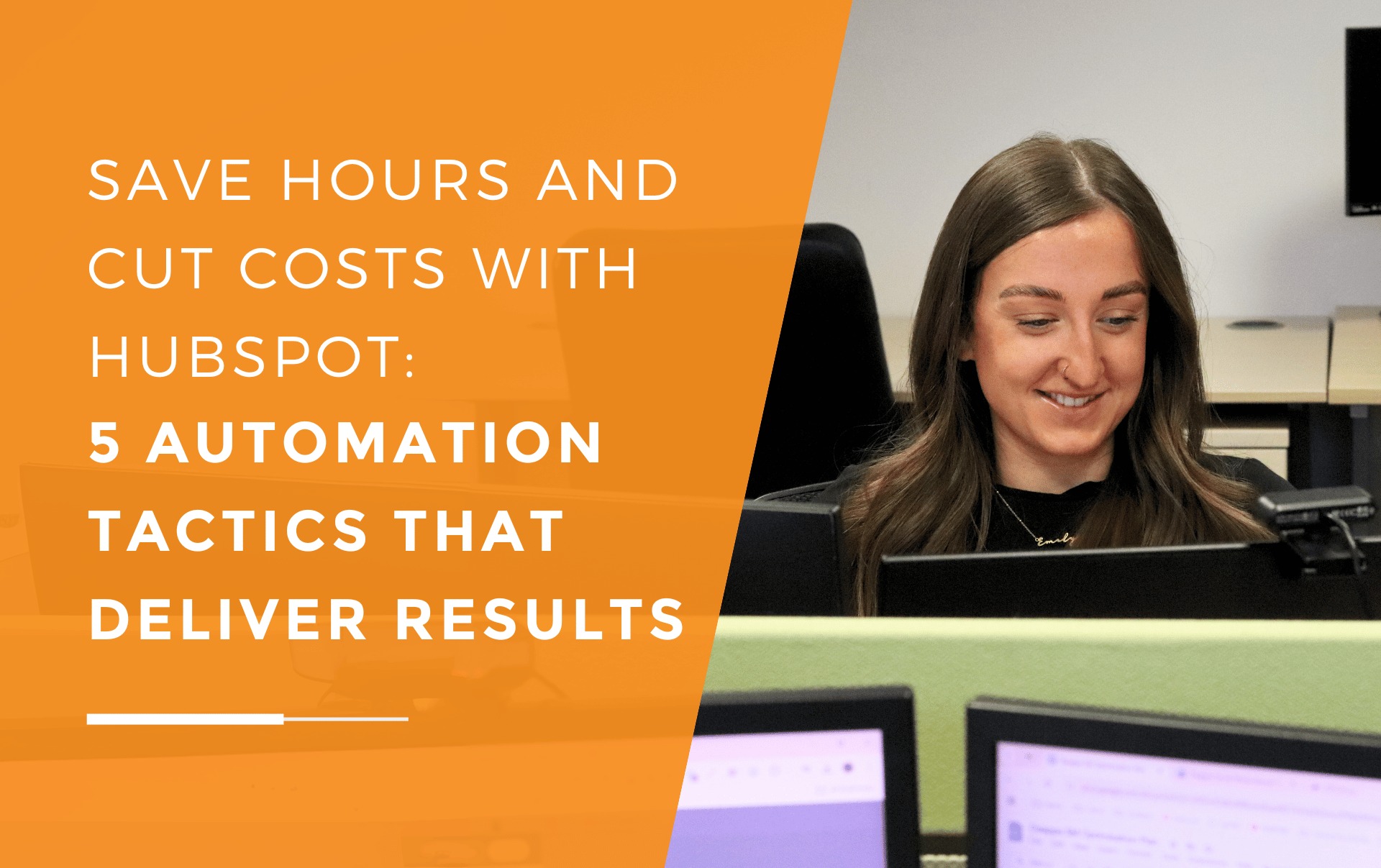 Emily from JDR smiling while using HubSpot automation tools on her computer to streamline campaigns and improve lead generation.