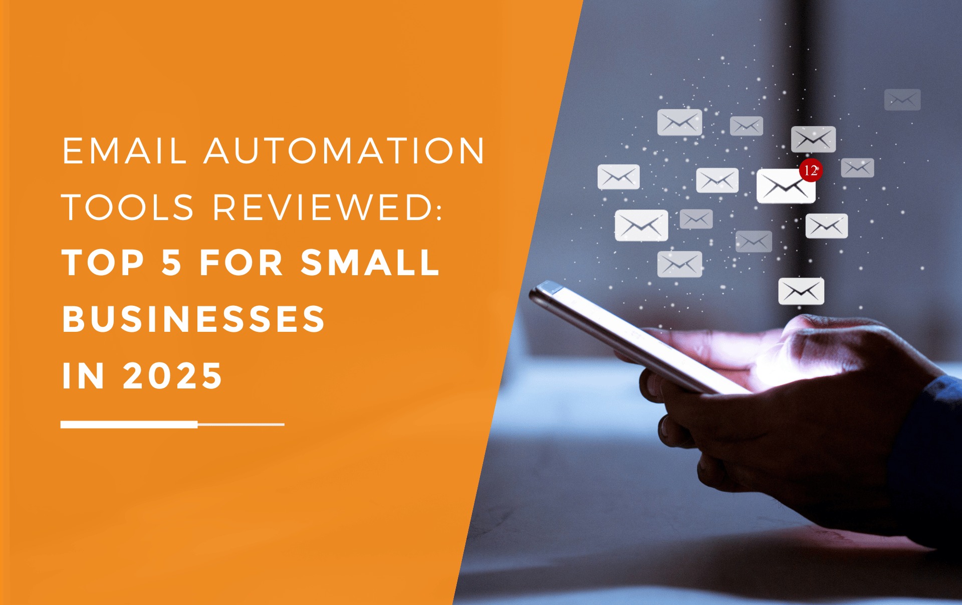 A small business owner holding a smartphone using an email automation tool to send emails, multiple email icons floating above the phone can also be seen. 