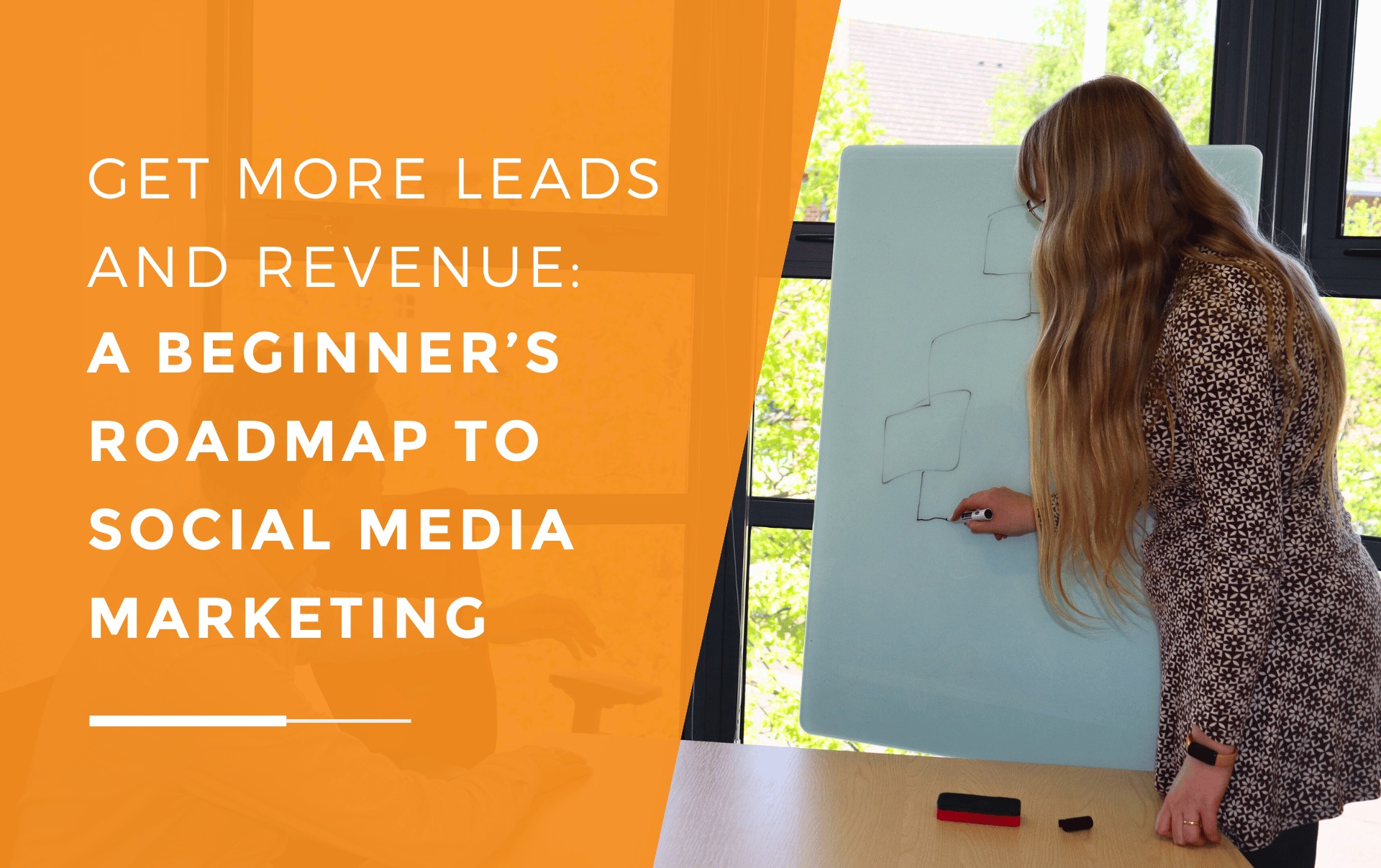 Andy and Emma from JDR planning a social media marketing strategy, with a Emma drawing a flowchart on a whiteboard, symbolising a beginner’s roadmap to boosting leads and revenue
