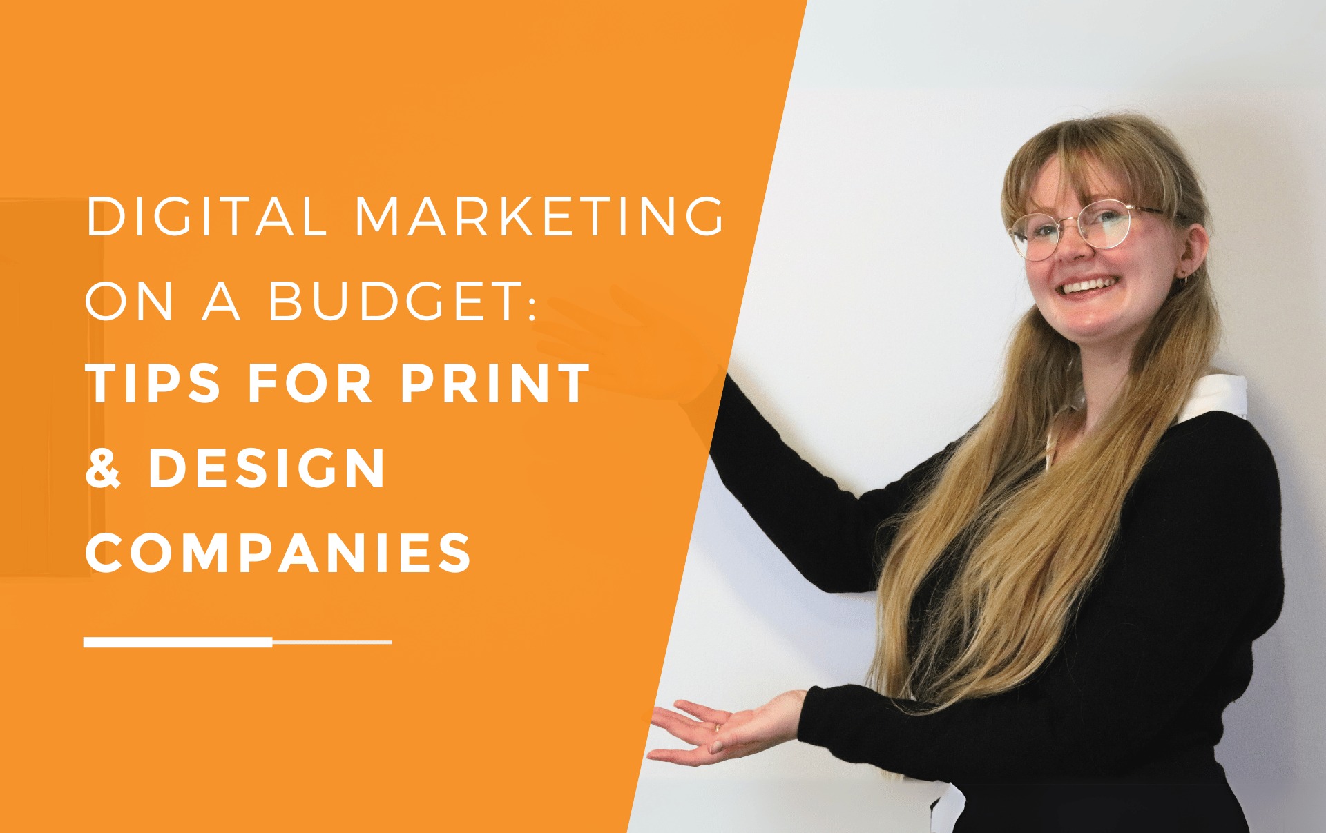 Smiling young woman gesturing while presenting cost-effective digital marketing tips for print and design companies