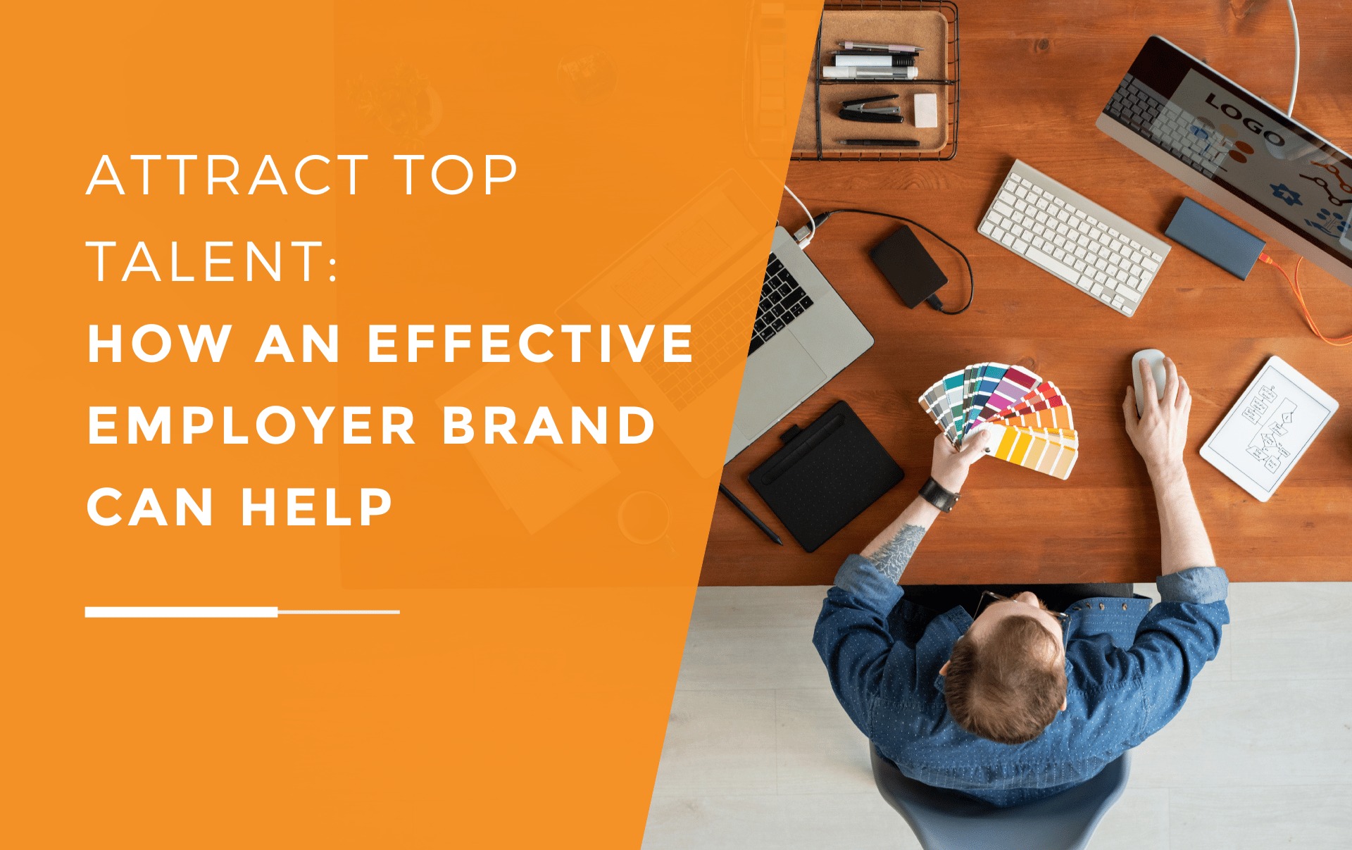 A designer working on a branding project, using a computer, colour palette, and other tools to create a visually appealing and engaging brand identity to attract top talent. 