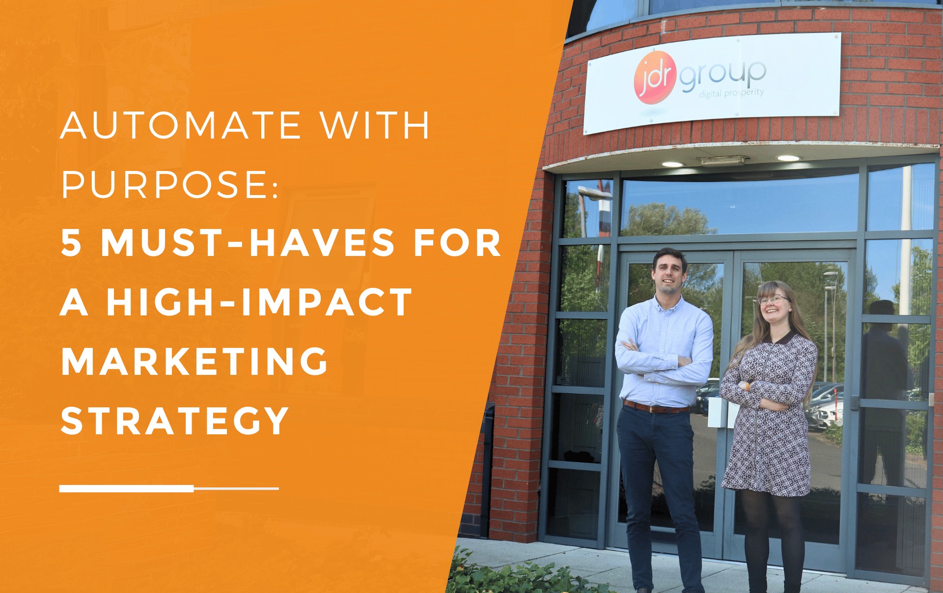 Andy and Emma smiling and posing outside the office, representing the friendly and dedicated professionals behind our effective marketing automation strategies.