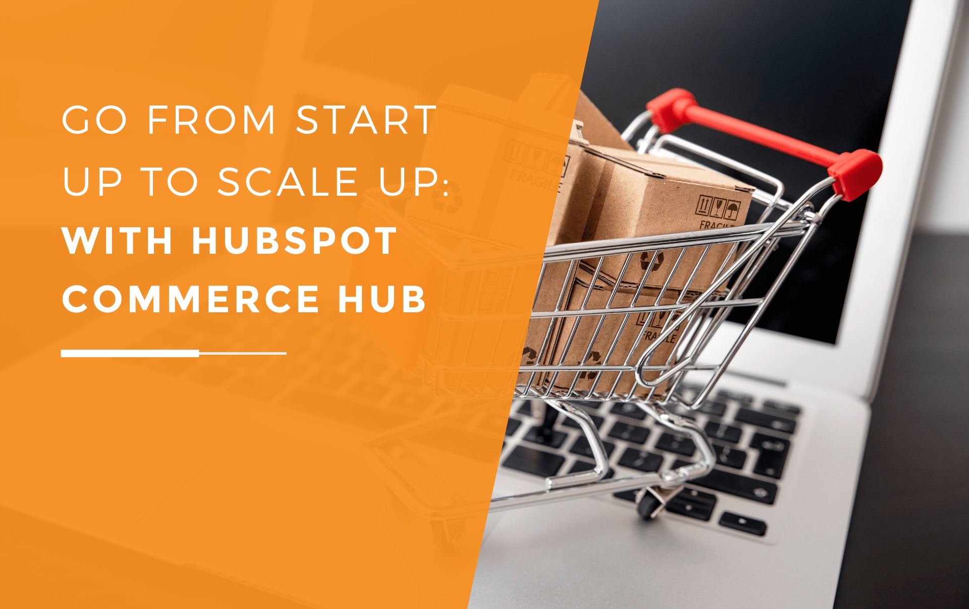 A miniature shopping cart on top of a laptop representing ecommerce.