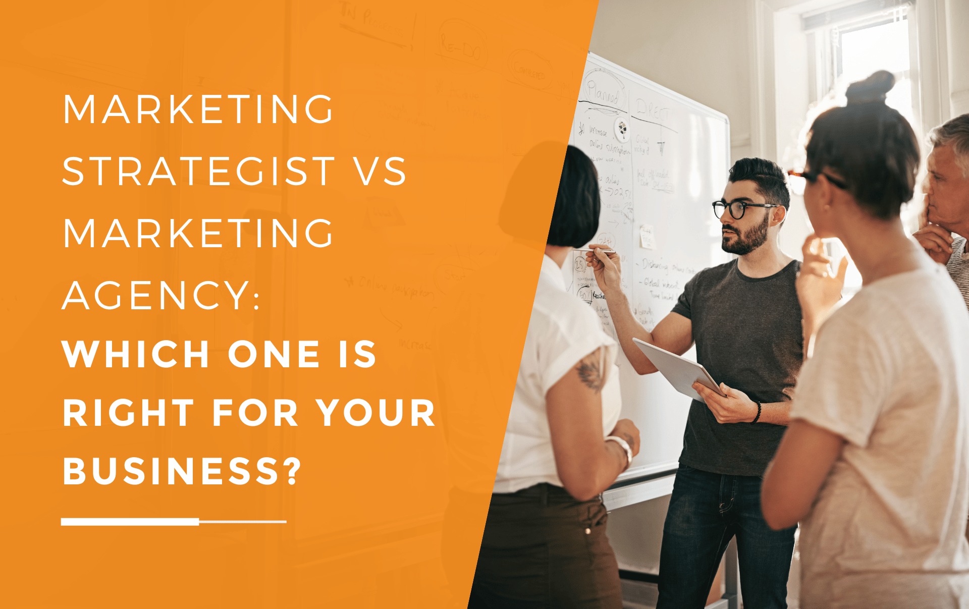 Business owner in a group setting deciding whether to go for a marketing strategist or agency.