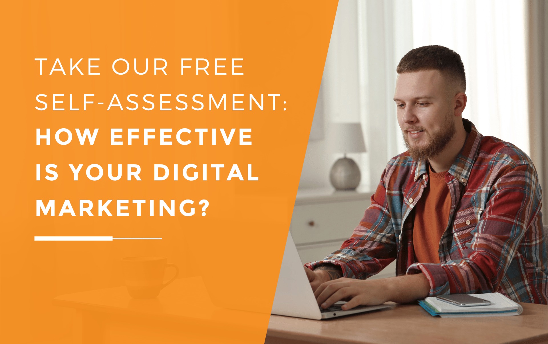 A man completing our free marketing self-assessment to evaluate the effectiveness of his own marketing strategy.