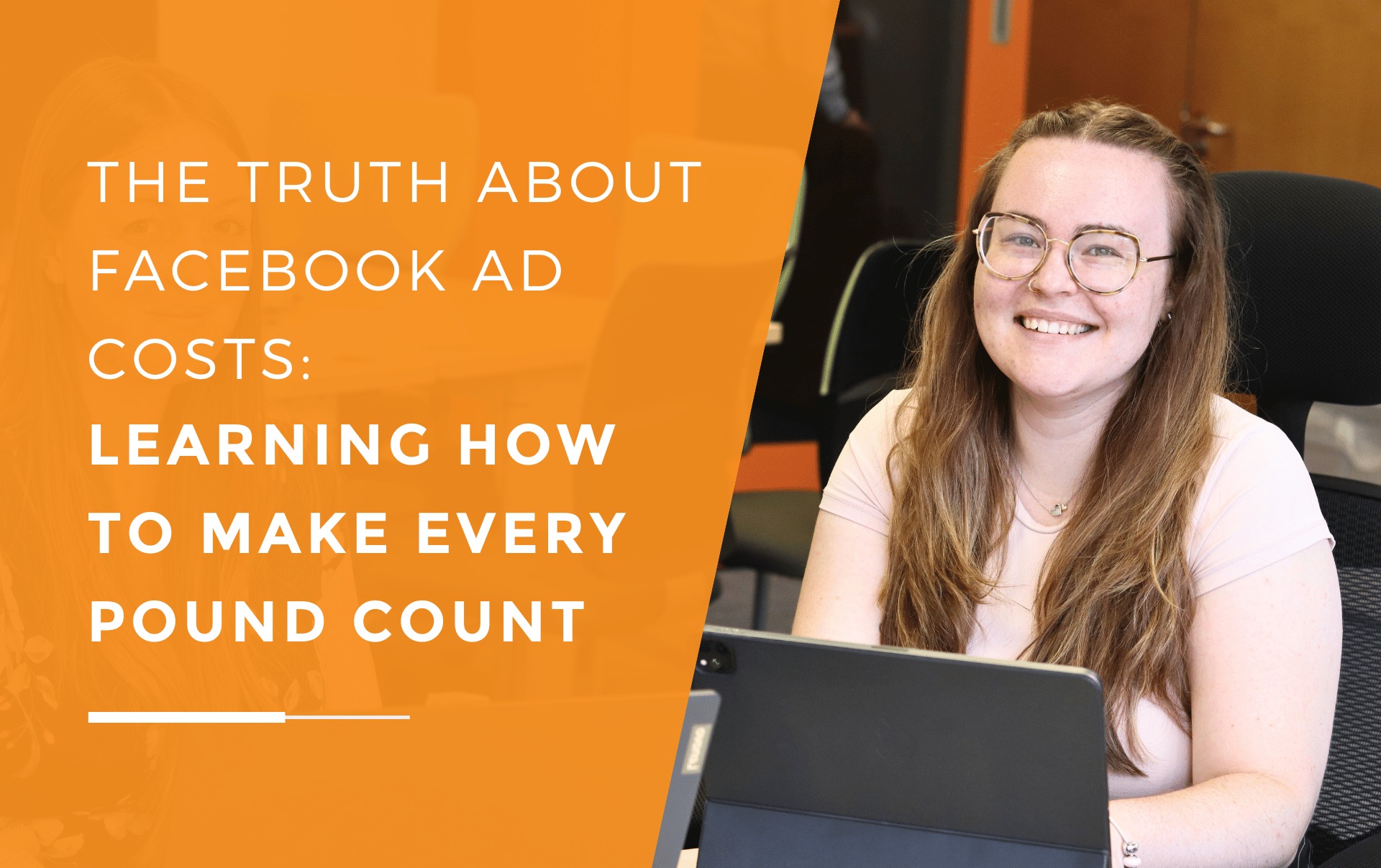 Amy and Ellis from JDR smiling at the camera with laptops in front of them, planning a Facebook Ads strategy to help clients reduce costs and improve ROI.