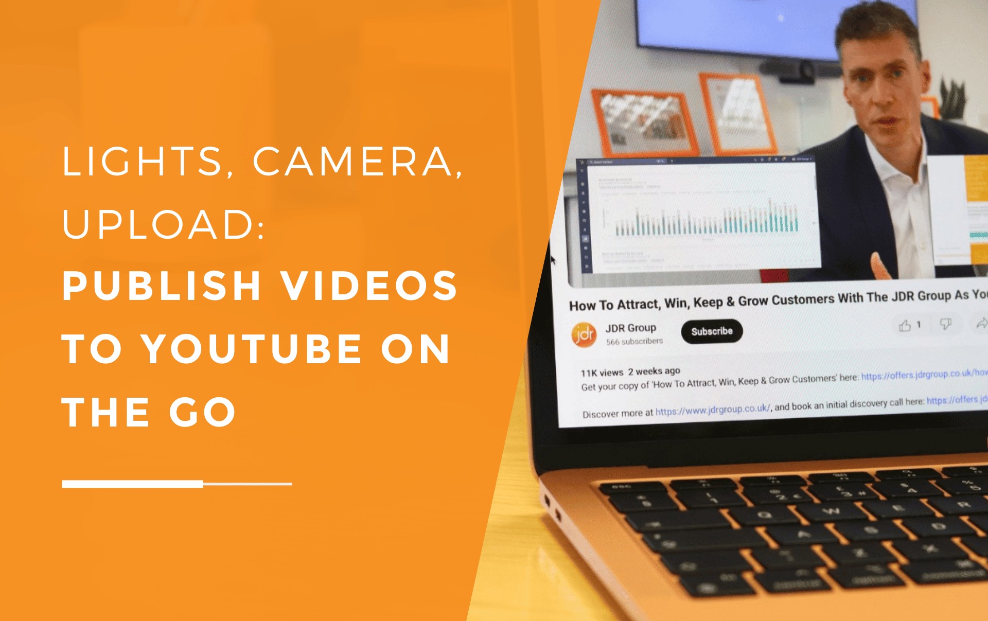A laptop screen displaying a YouTube video uploaded via the Hubspot's mobile app following up on the latest update.
