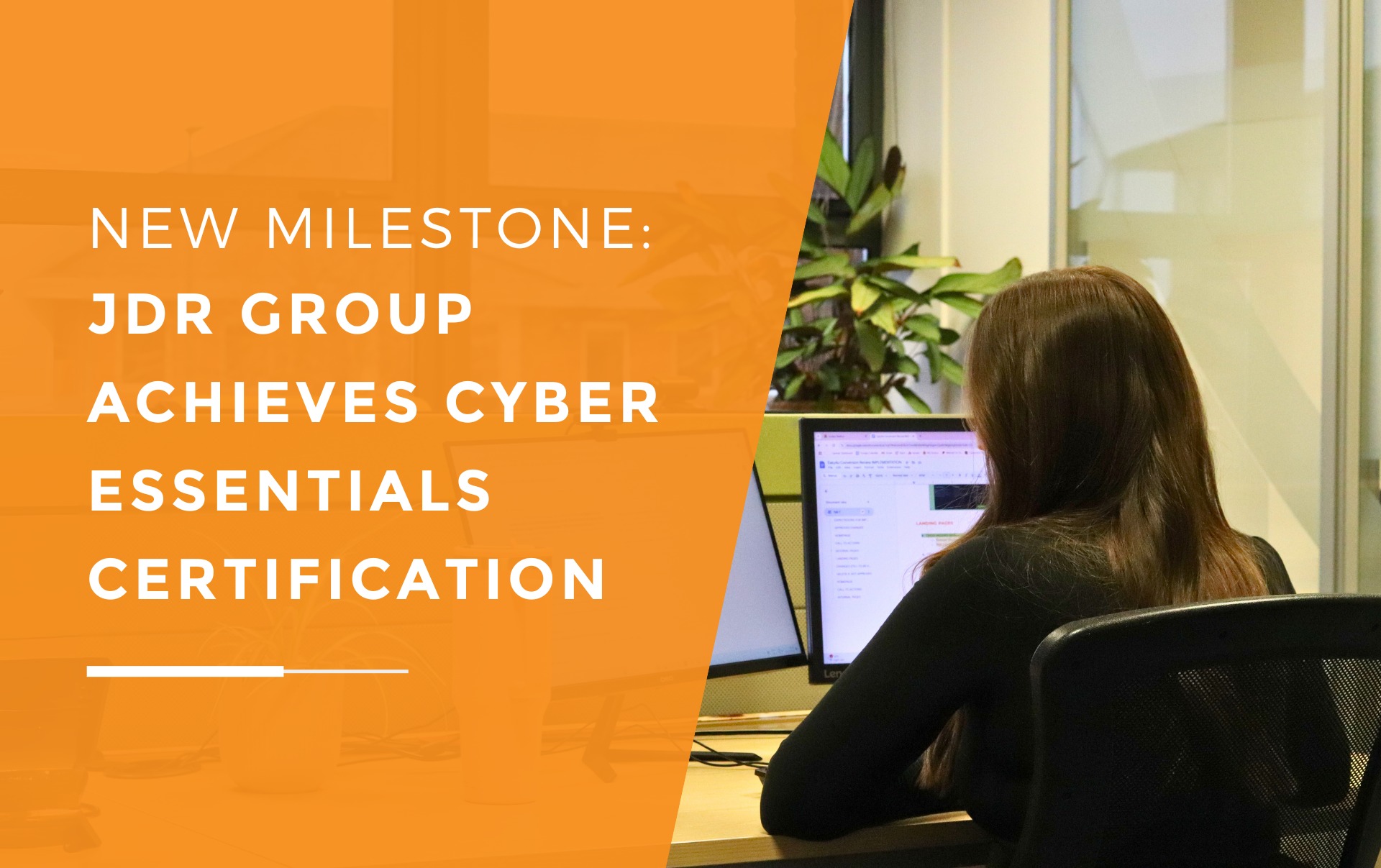 Emily from JDR working securely at a computer, representing JDR Group’s Cyber Essentials certification.