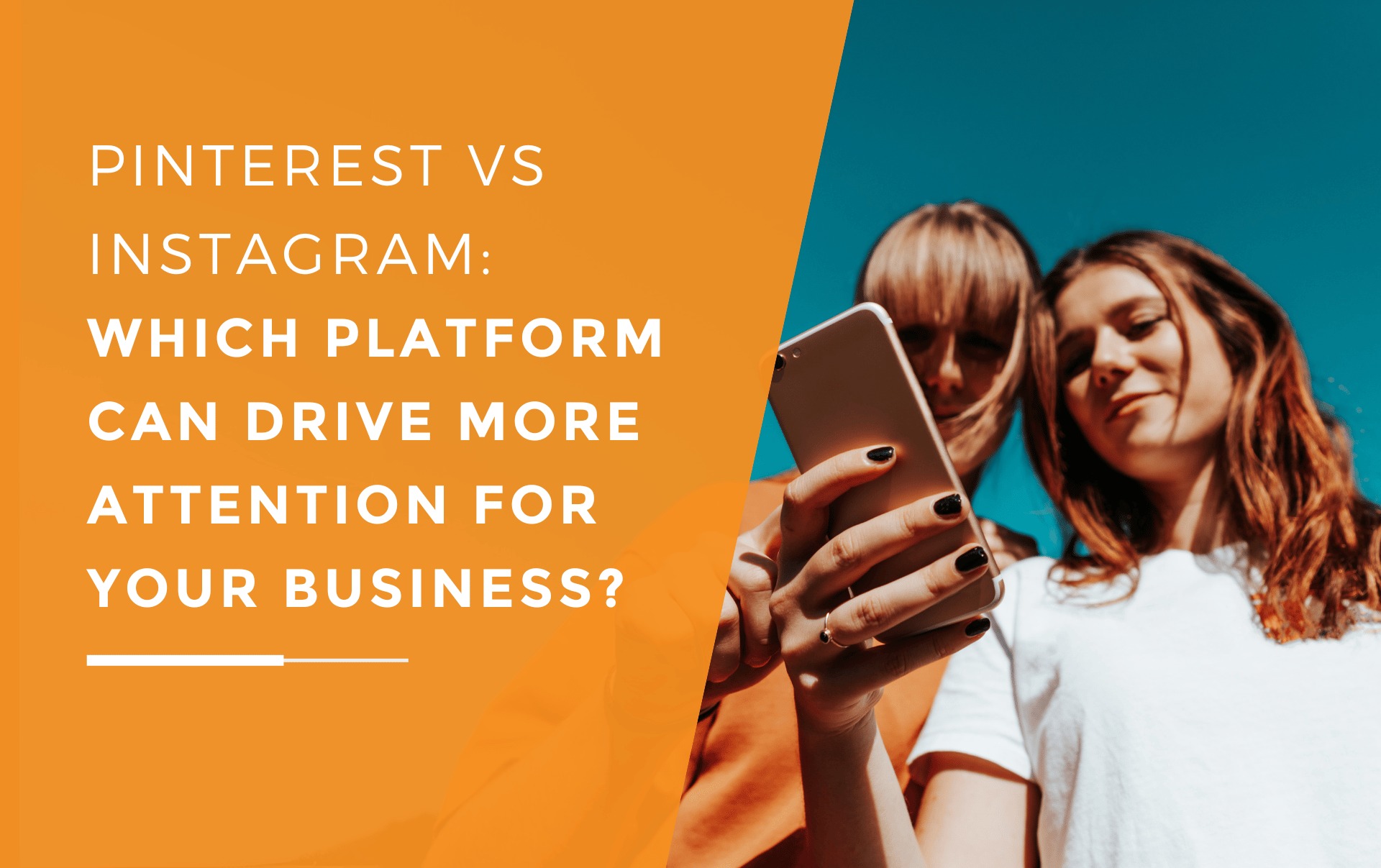 Two female business owners checking their phone to compare which platform, Instagram or Pinterest, drives more traffic to their business.