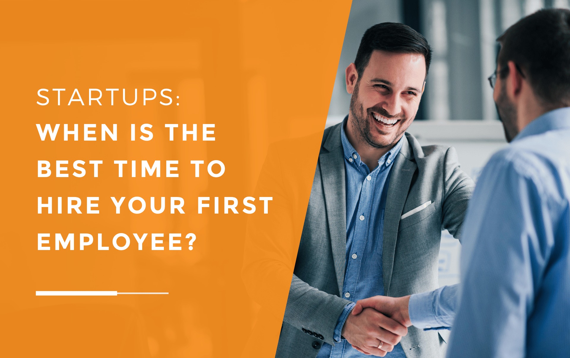 Two men shaking hands after a job interview. The man is the first hire of a startup.