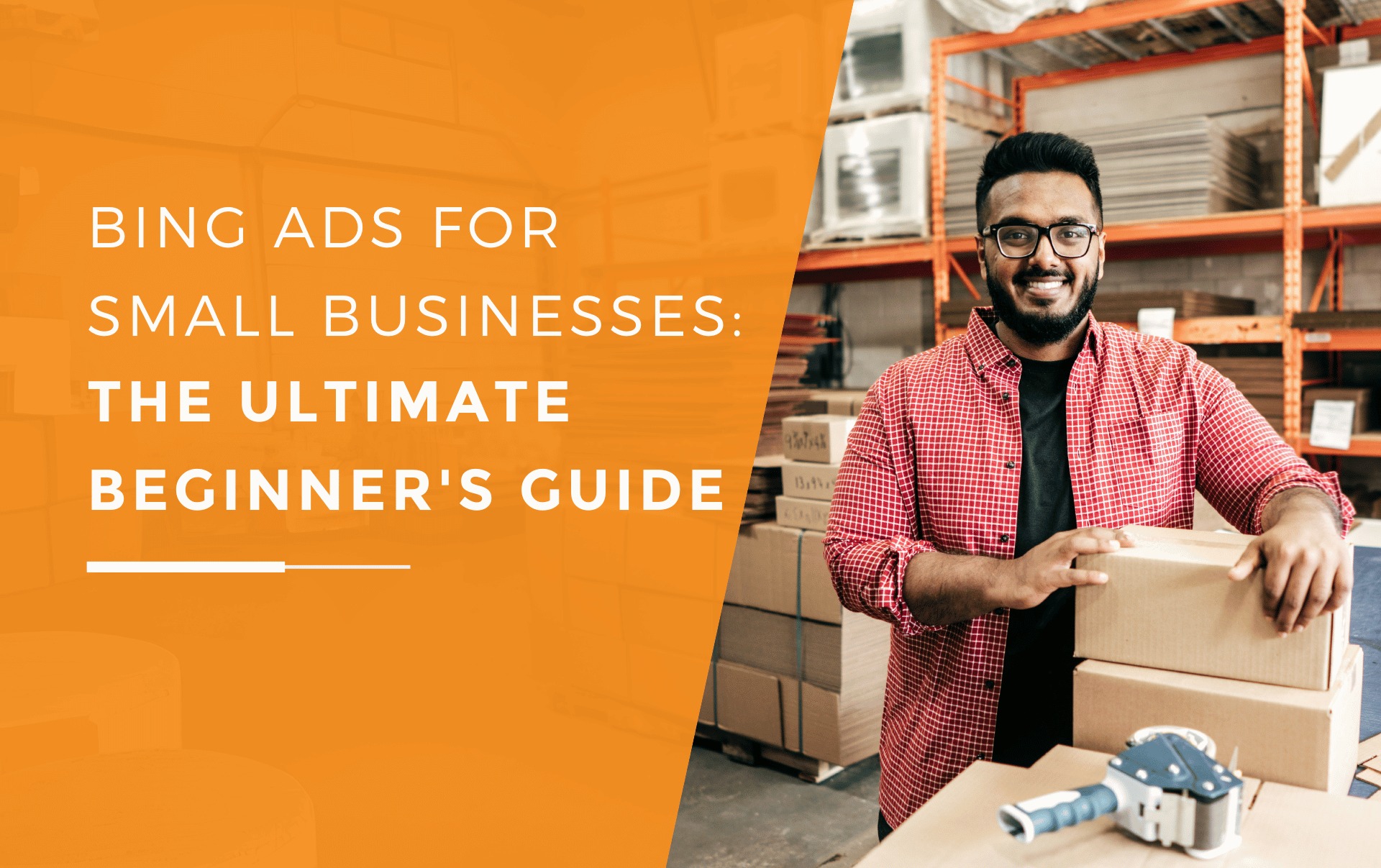 A new business owner proudly standing beside multiple delivery packages from orders generated through Bing Ads campaigns.