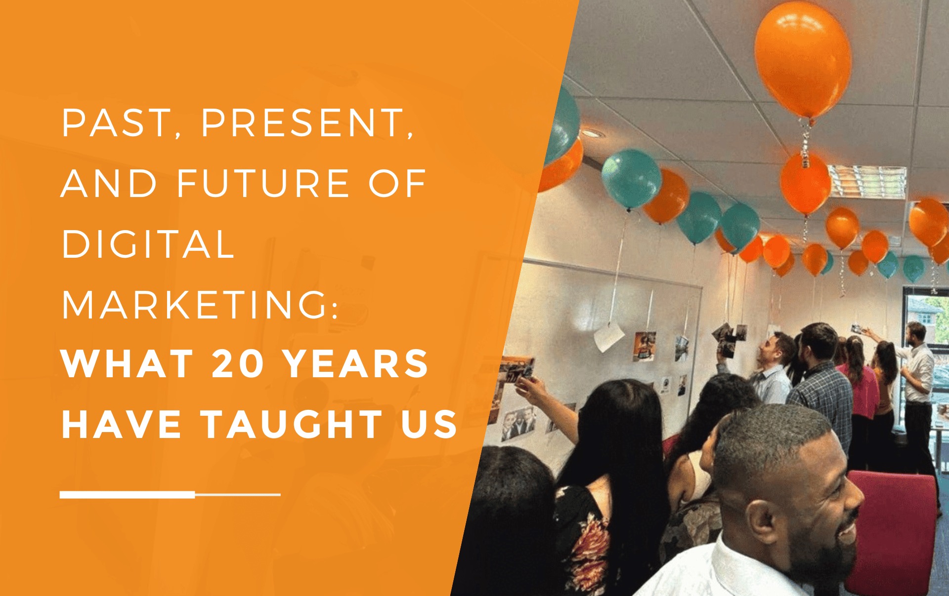 Bright office celebration with orange and teal balloons, a prominent silver