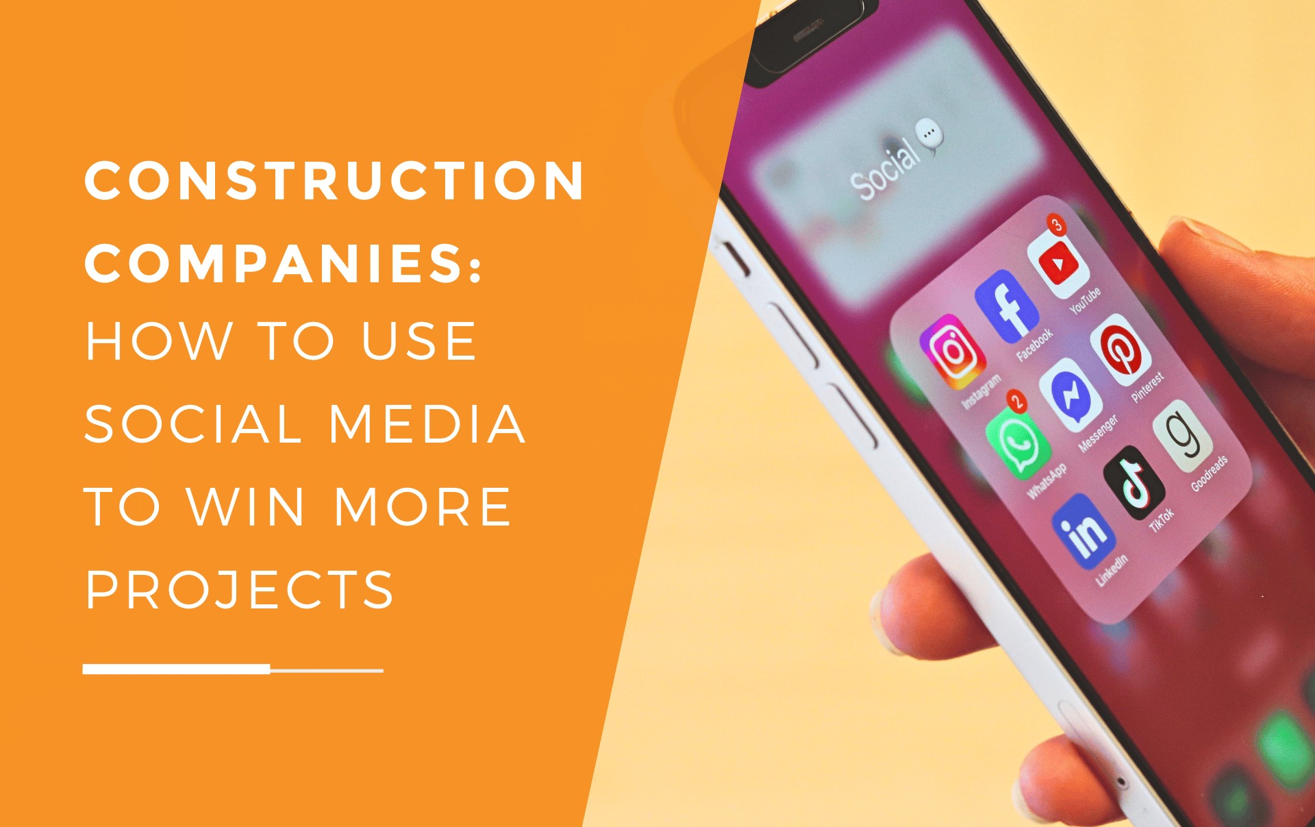 A hand holds a smartphone displaying a folder of social media apps such as Instagram, Facebook, etc, relevant to content sharing by construction companies.