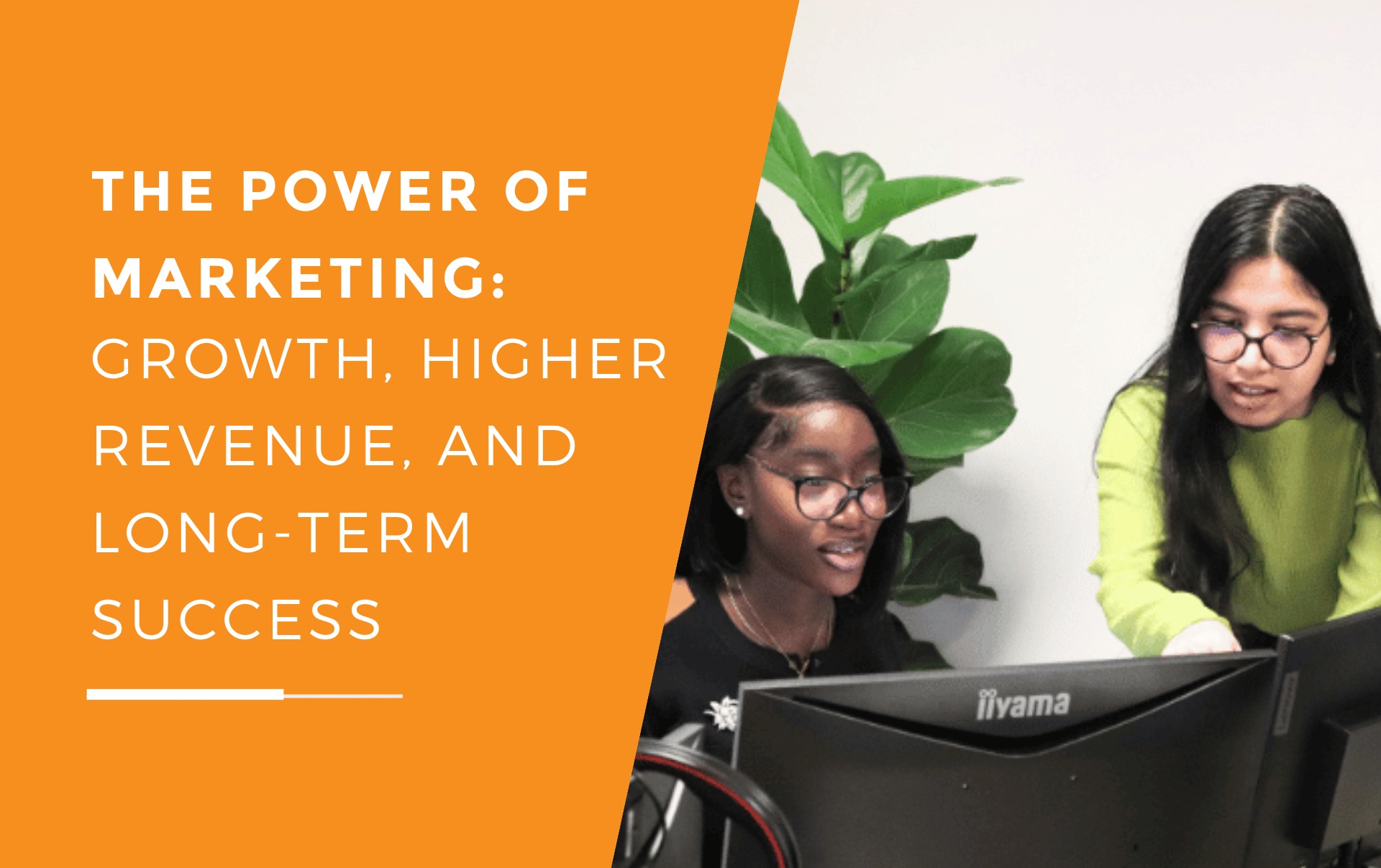 Two women collaborate on a marketing strategy project at a computer, showing teamwork and the importance of online strategies for business.
