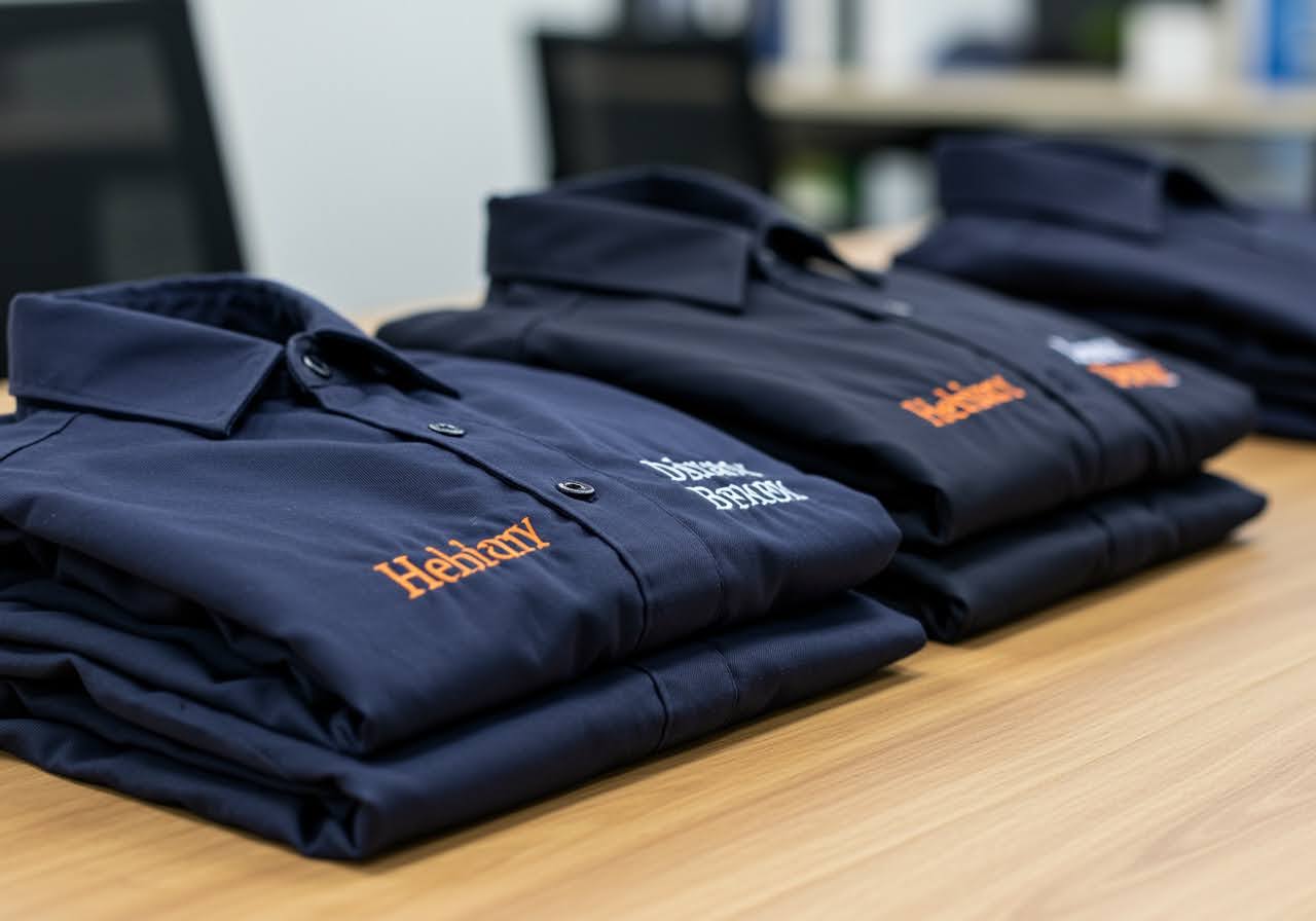 Navy blue workwear button-up shirts with custom embroidery of the company logo.
