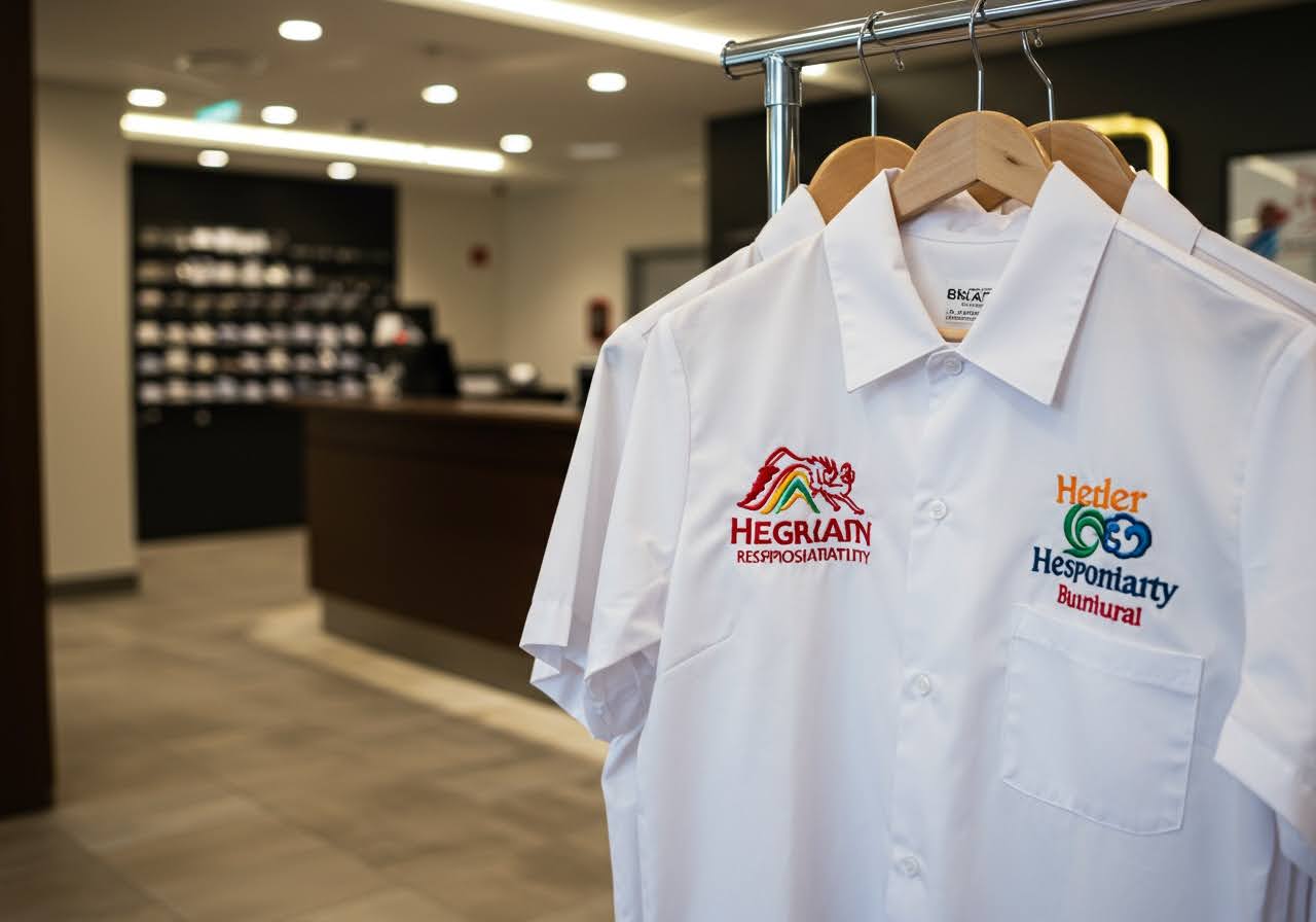 White embroidered custom workwear hanging in a hotel reception for the hospitality workers in the hotel.