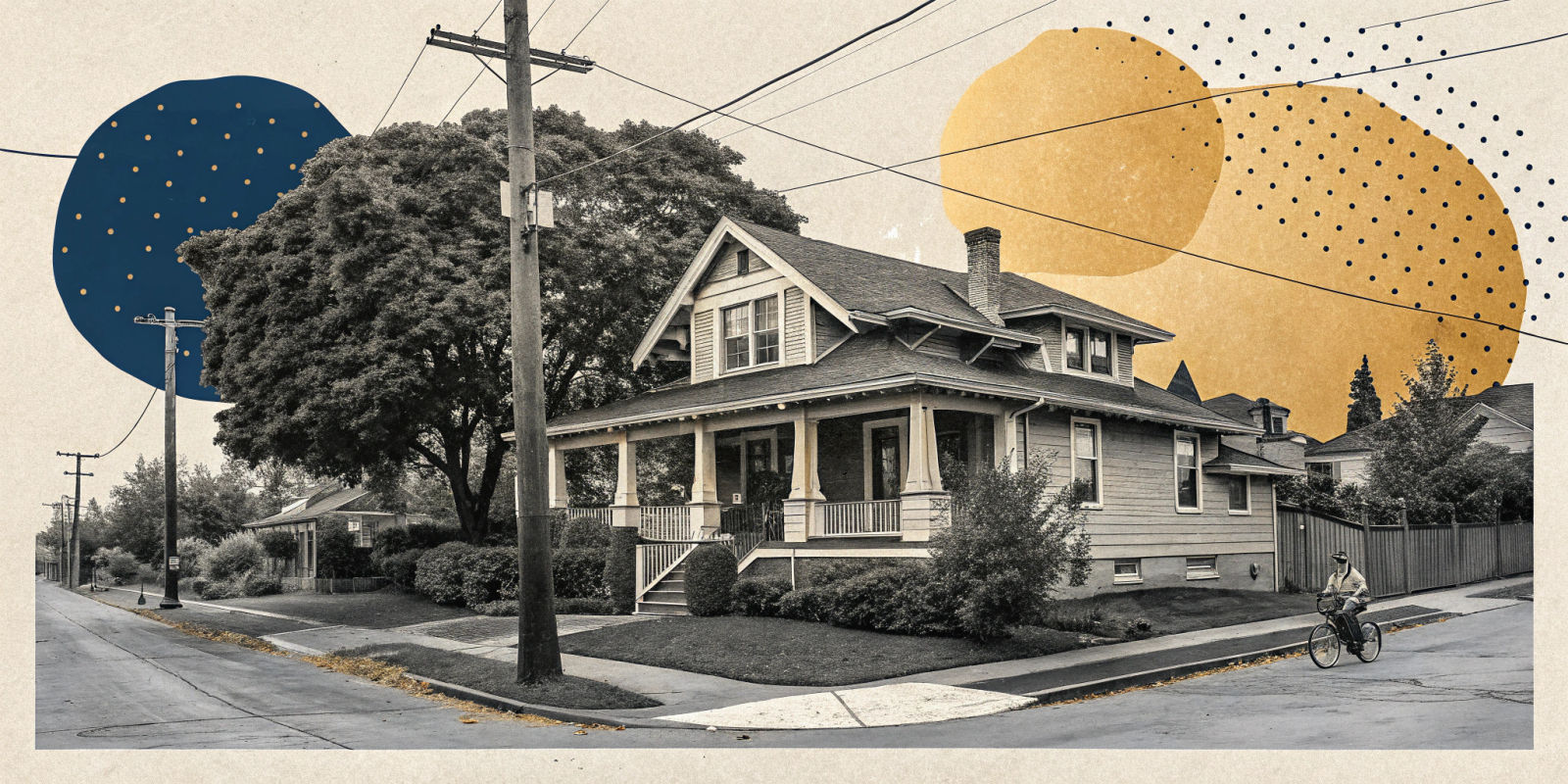 Collage: a black-and-white craftsman house on a Portland street corner, with navy and gold shapes