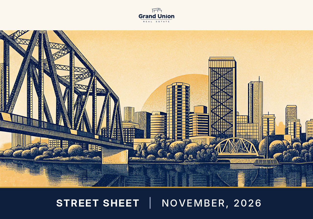 Street Sheet, November 2026: illustrated Portland river, Steel Bridge and skyline at dusk