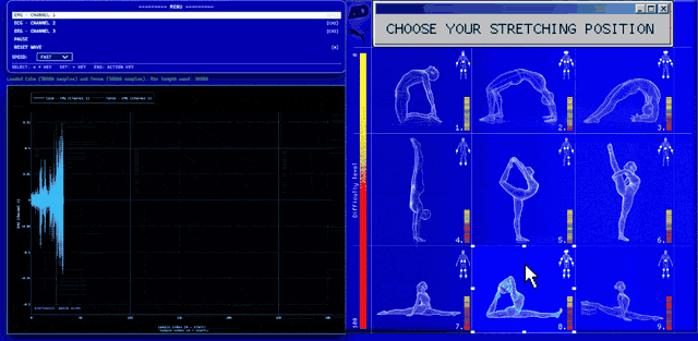 CELL Geo machine interface animation with EMG readout and stretching pose selection screen