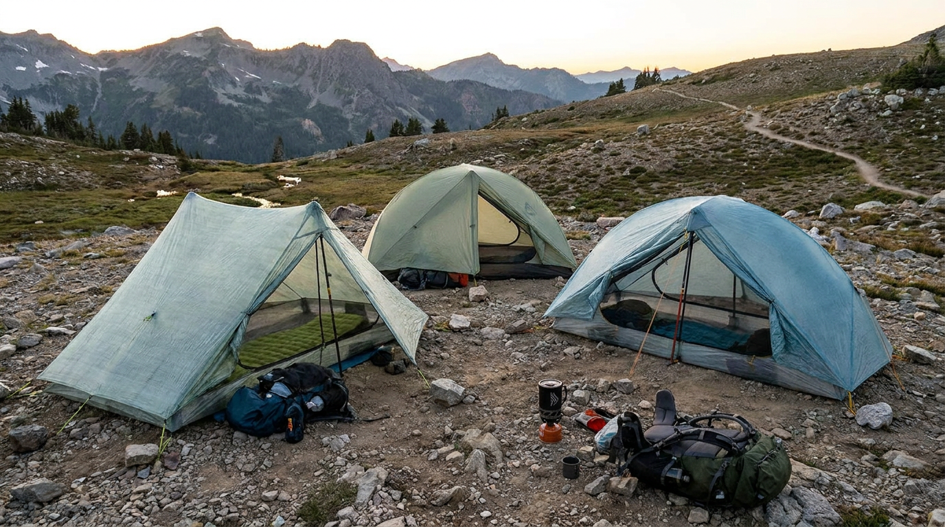 Backpacker standing beside an ultralight tent overlooking clouds