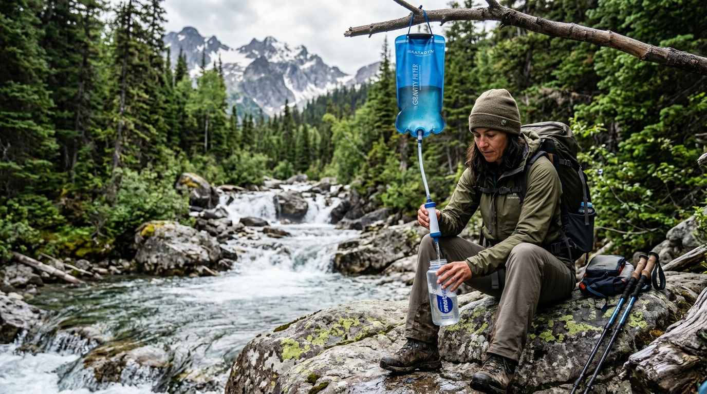 Water bottle resting on a rock outdoors during backcountry filtration