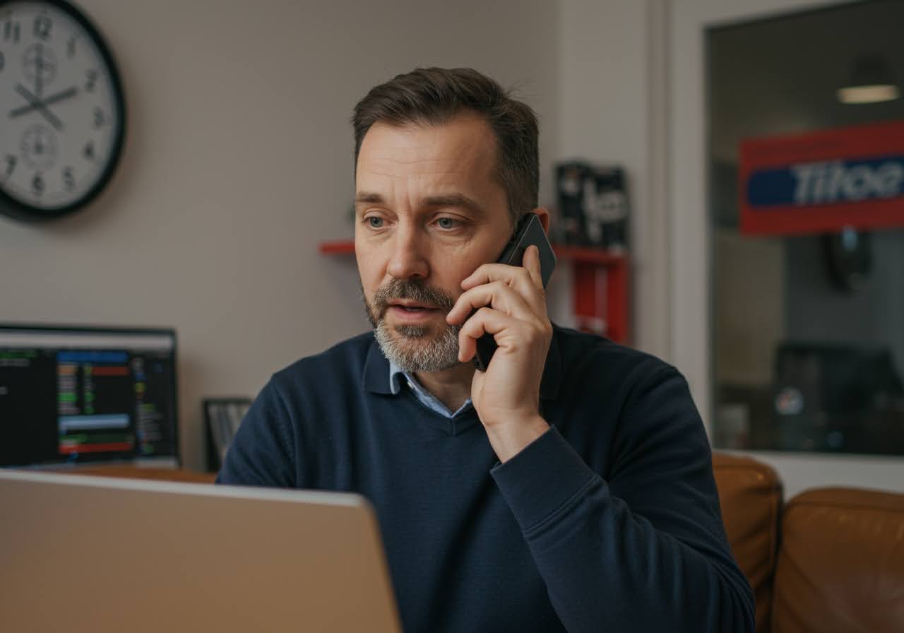 A man in a navy jumper is discussing his financial history with an insurance broker to negotiate a motor trade insurance policy.