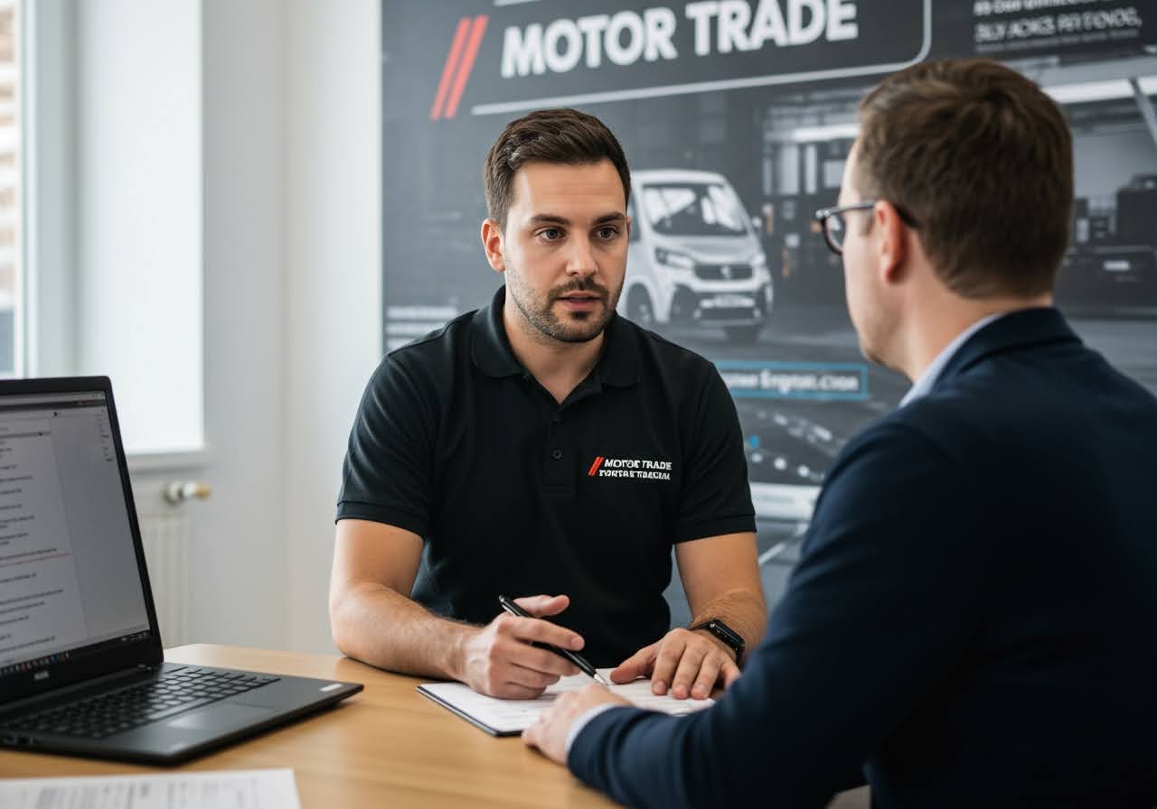 A client discussing their combined motor trade policy with an insurance broker.