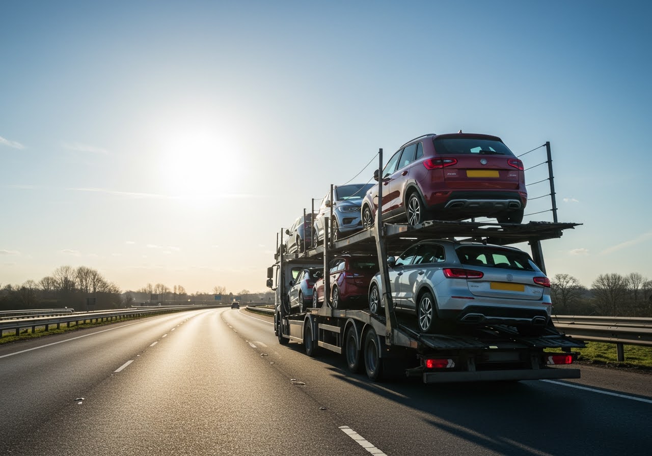 A trade plate vehicle with loaded vehicles on the motorway on a sunny day.