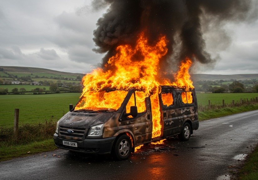 Flames and thick black smoke erupt from a burning campervan on a rural road, highlighting the consequences of ignoring campervan fire hazards.