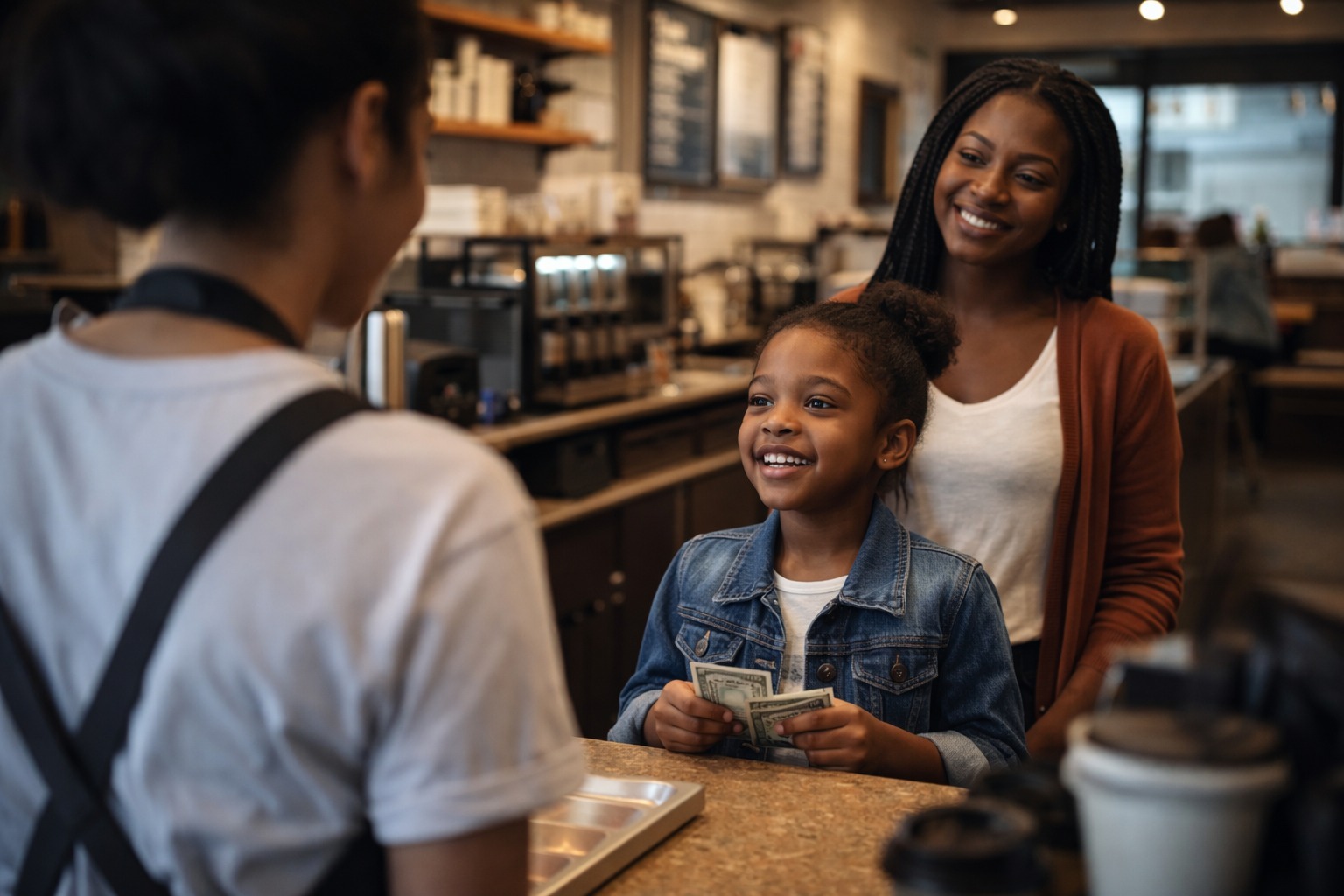 Bystander supporting child learning independence in public - parent teaching real-life skills
