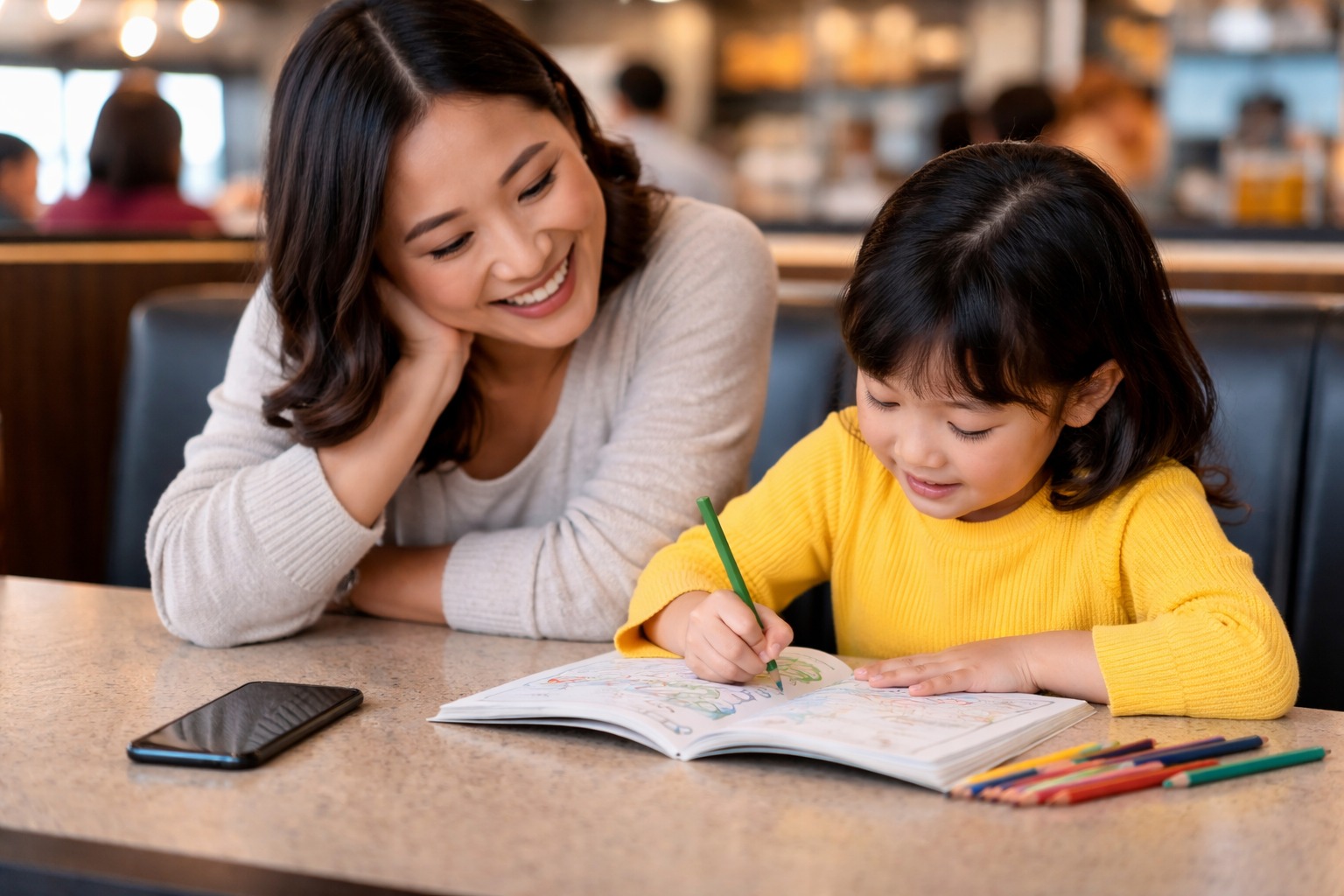 Bystander supporting family practicing phone-free parenting in restaurant - child without screen