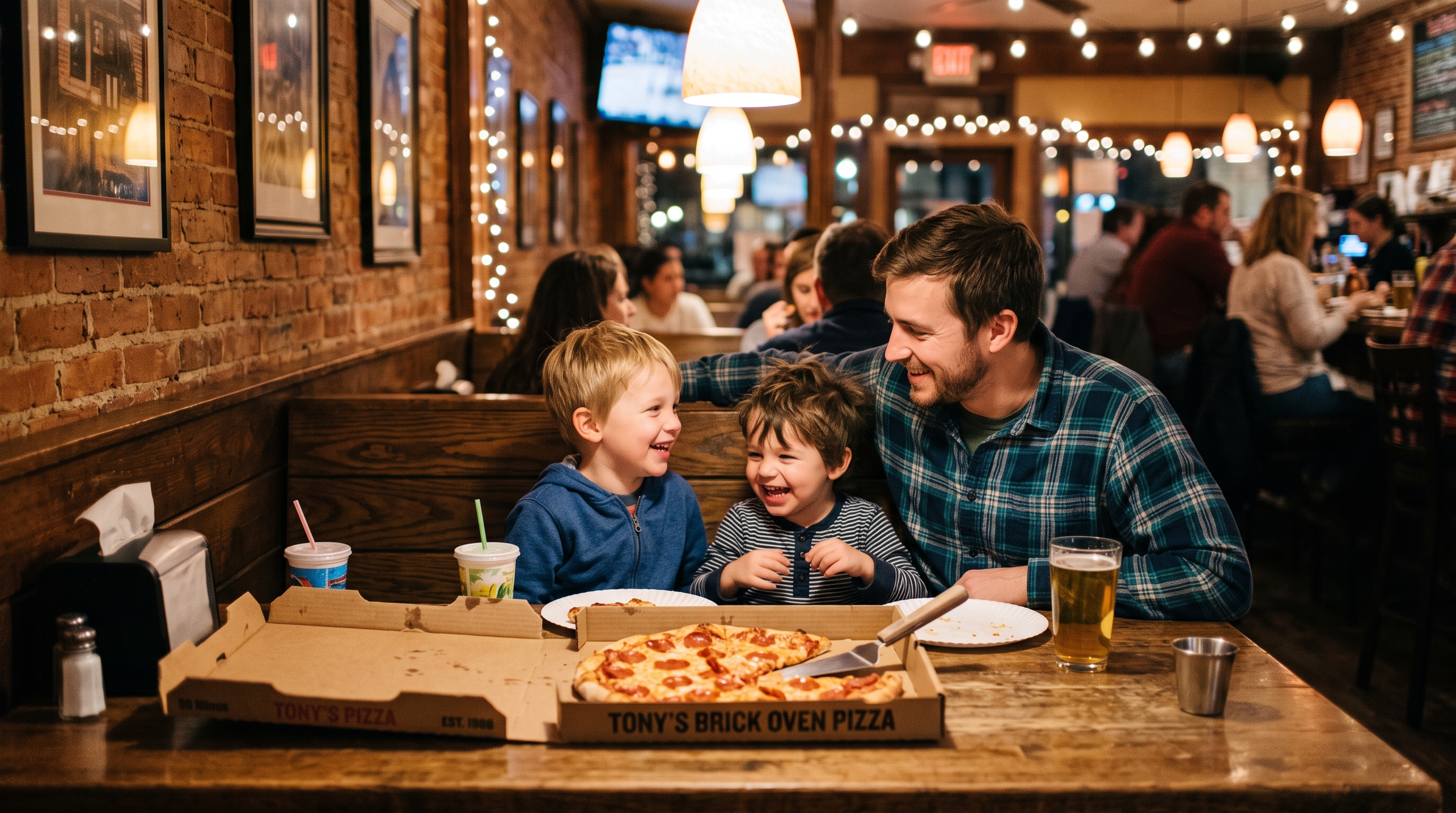 Bystander support - father and two young sons at a restaurant table