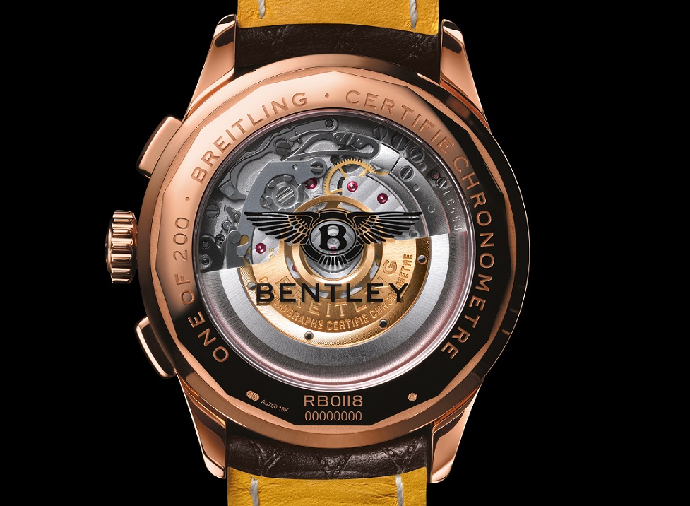 Brietling horloge: Achterkant "One of 200" van de 18k Rosé Gouden versie Breitling B01 Chronograph 42 Bentley Centenary Limited Edition