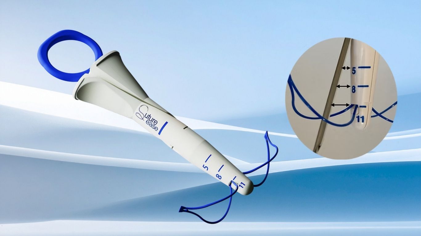 LongBow laparoscopic port site closure device with depth markings and suture loop