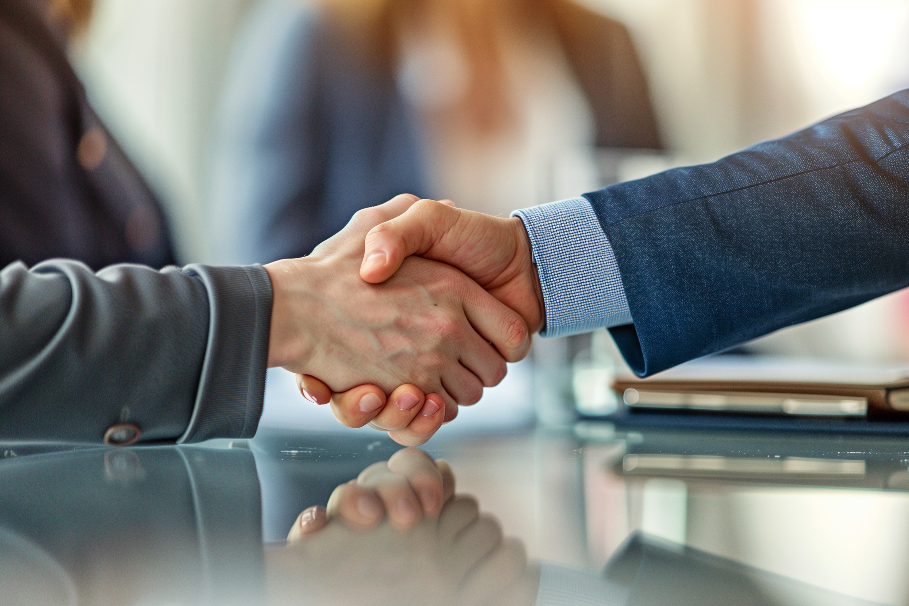The image shows two people in a business suit that are shaking hands. Only their hands are visible in the photo.