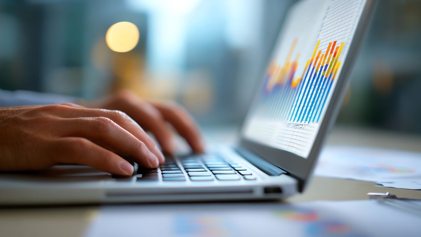 Hands typing on a laptop to draft a final Pre-Funding report.